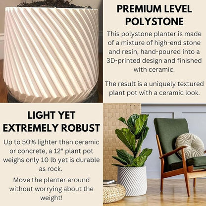 Fox & Fern Large Indoor Planter, Modern Large Plant Pot for Indoor or Outdoor, UV and Frost Resistant - 12 Inch, Matte White Flower Pot with Drainage Plug, 3D Printed Design
