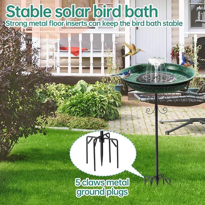Solar Powered Bird Bath with Fountains for Hummingbirds,Stable Stylish Design with 5-Prong Base Stake Metal Bird Bath for Outside Yard Lawn Patio Garden