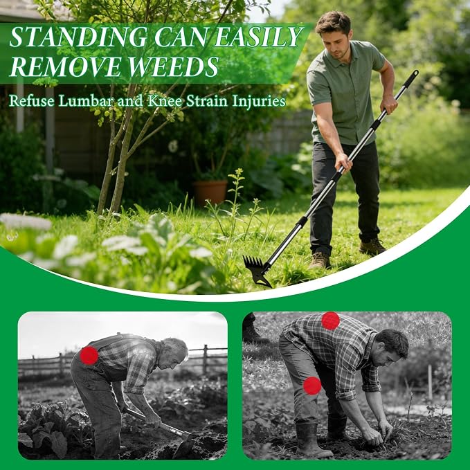 Weed Puller Tool with Long Handle – 58" Manual Weeder Remover Tool, 2-in-1 Handle Garden Hoe and Weed Rake, Hoe Garden Tool, Uprooting Weeding Tool for Yard, Lawn, Patio and Garden