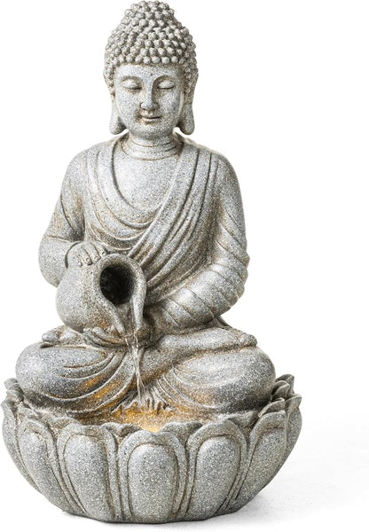 Glitzhome 20.5" Zen Buddha Fountain, Outdoor Water Fountain with LED Light, Polyresin Stone Powder Concrete Finish Meditating Buddha Statue for Garden Patio Yard Deck, 4 Warm LED Lights