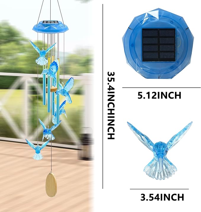 Outdoor Solar Wind Chime Decoration, Mother's Day Birthday Gifts for Grandma, Mom and Family, Outdoor Garden and Courtyard Wind Chime Accessories (Blue Hummingbird)