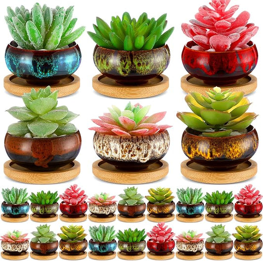 48 Pcs Ceramic Succulent Pots 2.5 Inch Small Plant Pots Indoor with Drainage and Bamboo Saucers Colorful Succulent Flower Planters for Garden Plants Home Decor