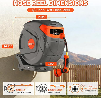 Upgraded Retractable Garden Hose Reel 1/2" x 82 ft 9 Pattern Nozzle Any Length Lock Wall-Mounted Automatic Slow Return 180° Swivel UV Resistant Heavy Duty Hose Reels for Outside