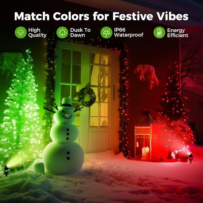 L LOHAS LED Green Spotlight Outdoor, Tree Spot Lights for Yard, Auto On/Off 5W 120V Landscape Lighting for House, Holiday, Christmas Decoration, 450LM IP66 Waterproof, UL Listed, 2 Pack