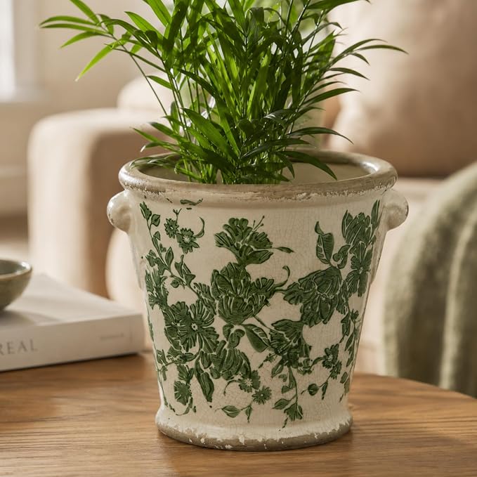 Dosayes Vintage Ceramic Flower Pot with Drainage Holes and Handle,Ice Crack Country Rustic Planters for Indoor Outdoor,Tuscan Decor,Home and Garden Decor,Gardening Present (Green)