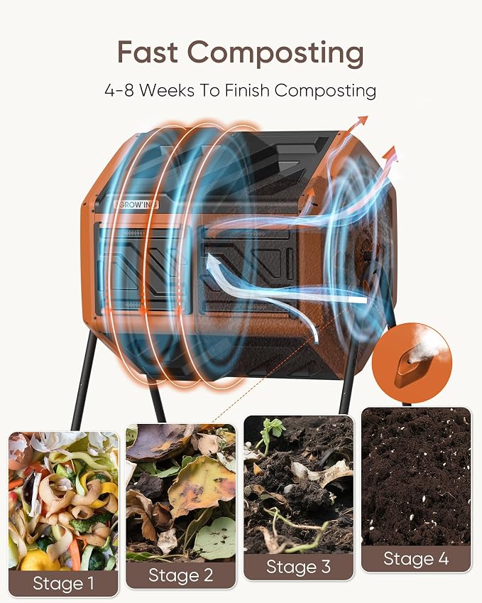 THE Growing 43 Gal Outdoor Compost Bin Tumbler with Thermometer, Orange | Dual 21.5gal chambers for backyard recycling. Pre-embedded nuts for quick assembly. Resin panels deter pests and odors.