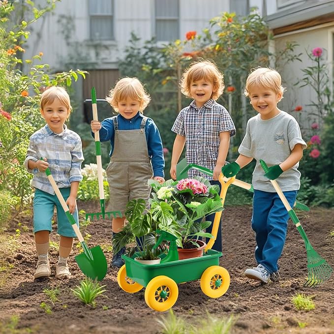Kids Gardening Tools Set, Outdoor Wheelbarrow with Shovel & Rake, 7pcs | Shovel, Rake, Summer Outdoor Digging Weeds & Yard Play, Easter Birthday Gift for Boys & Girls Age 2 3+