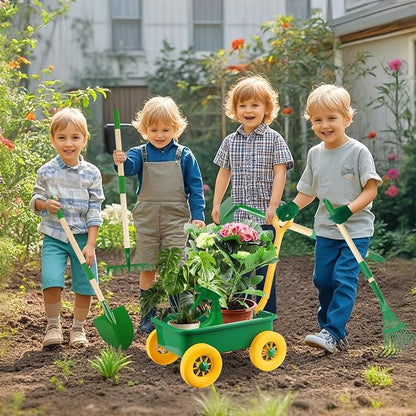 Kids Gardening Tools Set, Outdoor Wheelbarrow with Shovel & Rake, 7pcs | Shovel, Rake, Summer Outdoor Digging Weeds & Yard Play, Easter Birthday Gift for Boys & Girls Age 2 3+