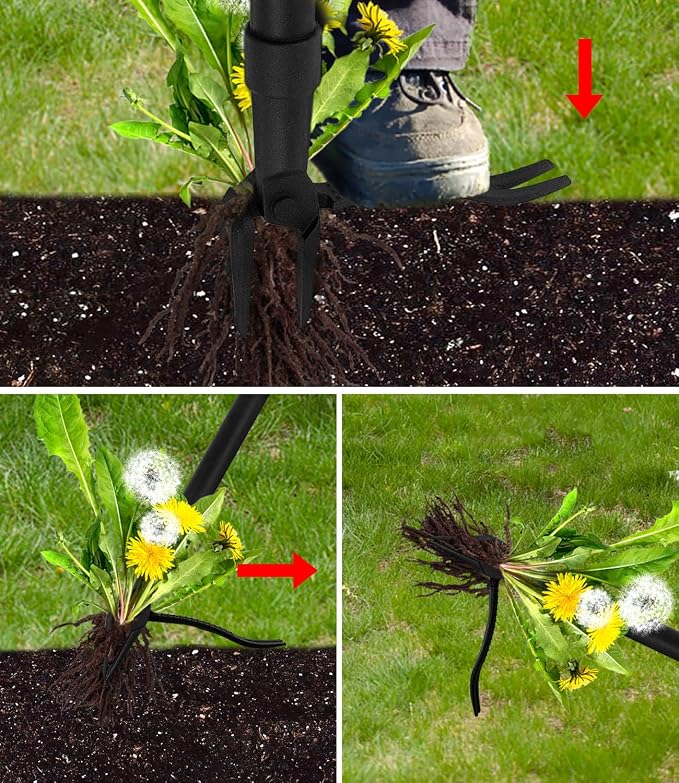 Weed Puller Tool, 4-Claw Stand Up Gardening Hand Weeding Tool with Adjustable 47.8" Stainless Steel Handle & 1035 Steel Head - Easily Remove Weeds Without Bending, Pulling, or Kneeling