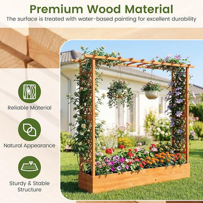 S AFSTAR 77-Inch Raised Garden Bed with Arch Trellis, Hanging Roof & Drainage Holes, Vertical Plant Container for Vine Climbing Plant Flower, Indoor Outdoor Wood Elevated Planter Box for Garden