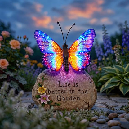 Solar LED Butterfly Garden Statue with Sparkling Light-Up Wings - Outdoor Yard Patio Decor Figurine, for Women Mom Grandma (Orange)