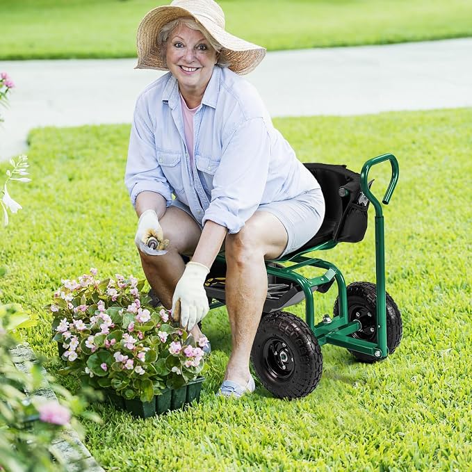 ERGOMASTER Rolling Garden Seat with Wheels, Adjustable 360° Swivel Workseat and Storage Basket, Extendable Handle, Outdoor Gardening Wagon Scooter, Green