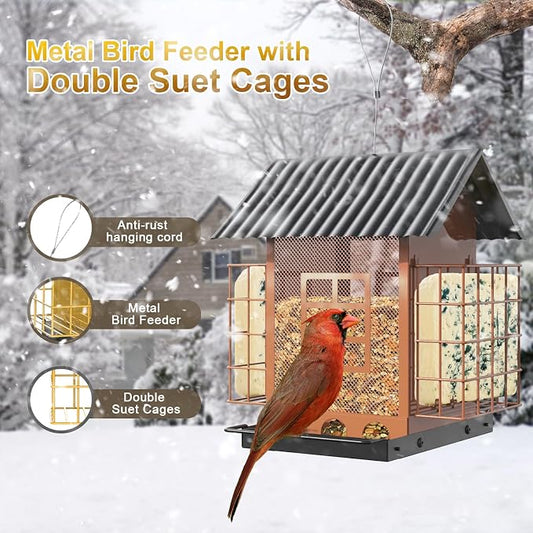 FlowaFoli Bird Feeders for Outdoors Hanging, Metal Bird Feeder with Double Suet Cage Cake, Large Capacity, Birdfeeders Sturdy & Weatherproof, Easy to Clean & Refill, Great for Attracting Wild Birds