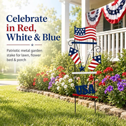 4th of July Decorations Outdoor, 30 Inch Metal Patriotic Garden Stakes, USA Yard Sign with American Flag, Red White and Blue Yard Decorations for Memorial Day Lawn Porch