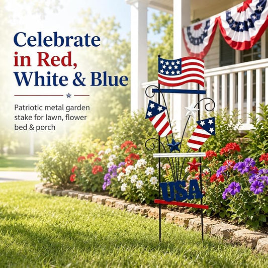 4th of July Decorations Outdoor, 30 Inch Metal Patriotic Garden Stakes, USA Yard Sign with American Flag, Red White and Blue Yard Decorations for Memorial Day Lawn Porch