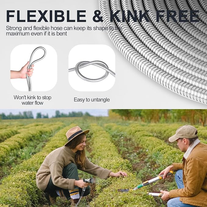 SPECILITE Stainless Steel Garden Water Hose 25 FT, Flexible and Lightweight Pipe, Non-Expandable Heavy Duty Metal Waterhose with Brass Fittings for Reel, Yard, Outdoor, Boat