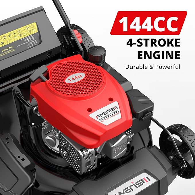 AMERISUN 21-Inch Gas Lawn Mower, 144cc 4-Stroke OHV Engine, 2-in-1 Push Lawn Mower with Mulching & Side Discharge, 6-Position Height Adjustment, 7-Inch Front/10-Inch Rear Wheels