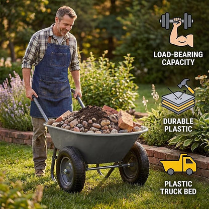 Garden Wheelbarrow Cart, Heavy Duty Utility Cart with Dual Wheels and Built-in Stand, Iron and Plastic Yard Cart for Home, Lawn and Garden