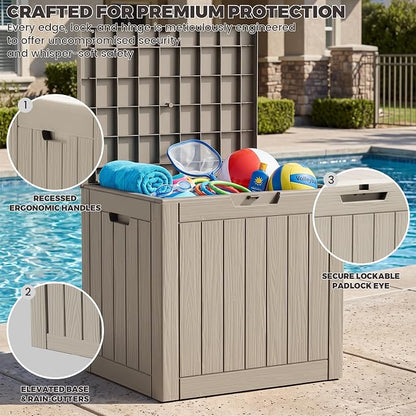 Outdoor Storage Box, 35 Gallon Waterproof Deck Box [Upgraded 3.1], Tool-Free Resin Storage for Patio Cushions, Balcony Pool Toys, Lockable Outside Side Table Ottoman, Balcony, Grey