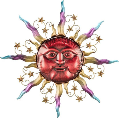 TERESA'S COLLECTIONS Outdoor Sun Metal Wall Art for Outdoor Decor,32" Red Sun Face 3D Wall Decor for Garden Decor,Rustic Retro Hanging Sculpture for Outside indoor Home Patio Farmhouse Gifts for Mom