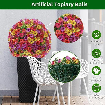 Artificia Flower Ball 17.7 Inch-Faux Flowers Topiary Hanging Ball for Outdoor Decor, UV Resistant Plastic Wedding Decoration, Garden Patio Porch Hanging Basket,Party Centerpiece Decor(1PCS-Spherical)