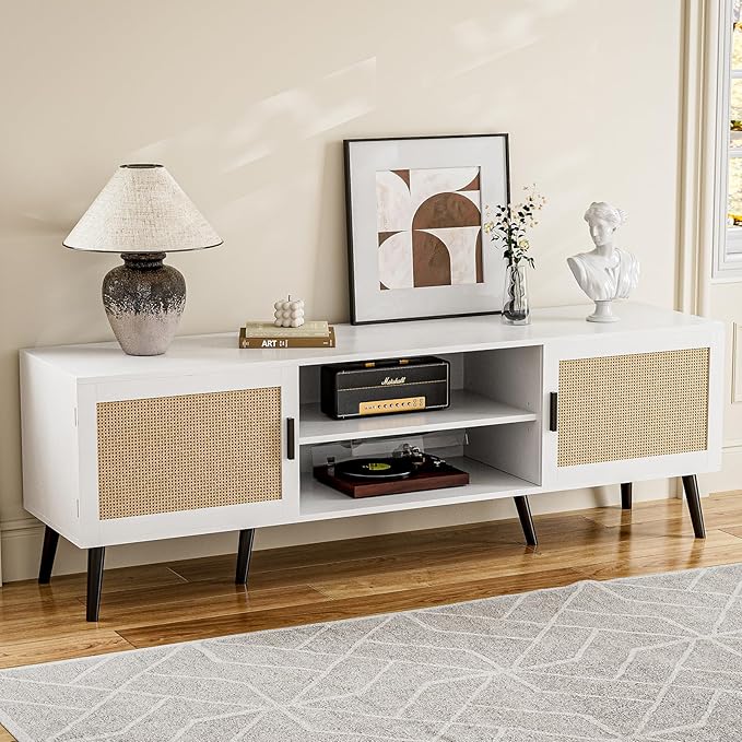 ZttRiee TV Stand with Rattan Doors for TVs up to 65", Mid-Century, White | 54.7"W x 15.7"D x 18.9"H, 150 lbs capacity, 2 rattan-door cabinets & 1 shelf (4 compartments), 2 cord holes, 6 wood feet