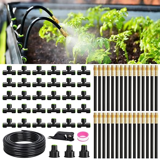 RAINPOINT 100FT Drip Irrigation System with 30pcs Adjustable Copper Nozzles | Garden watering kit with 360° adjustable atomizing sprayers for greenhouse, lawn, raised beds, flower beds, vegetable gardens