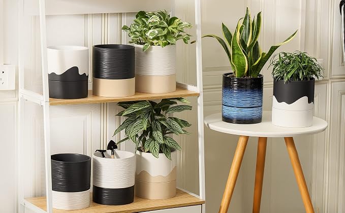 Nihow Ceramic Self Watering Plant Pot for Indoor Plants,6 Inch,White | Planter with Cotton Wick, Drainage Hole & Water Storage Plus, Cylinder Round Flower Pot, For Succulent/Herbs/Violets