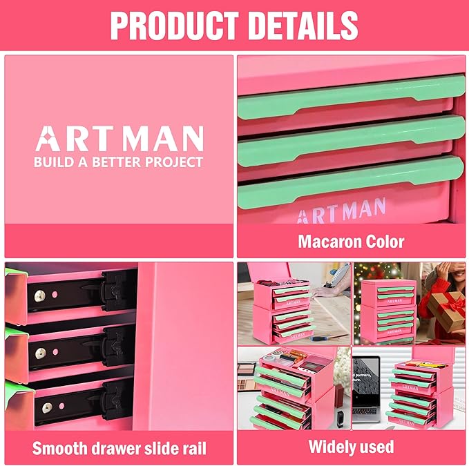 Metal Tool Box with Sliding Drawers, 5-Drawer Desktop Tool Box, Small Steel Tool Chest, Portable Benchtop Toolbox for Jewelry & Office DIY Pink&Creamy Green
