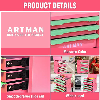 Metal Tool Box with Sliding Drawers, 5-Drawer Desktop Tool Box, Small Steel Tool Chest, Portable Benchtop Toolbox for Jewelry & Office DIY Pink&Creamy Green