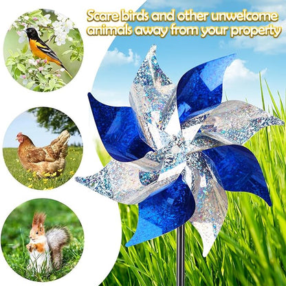 Hausse 12 Pack Reflective Blue Pinwheels with Stakes (Pre-assembled), Extra Sparkly Pin Wheel for Garden Decor, Bird Repellent Devices Deterrent to Scare Birds Away from Yard Patio Farm, Silver & Blue