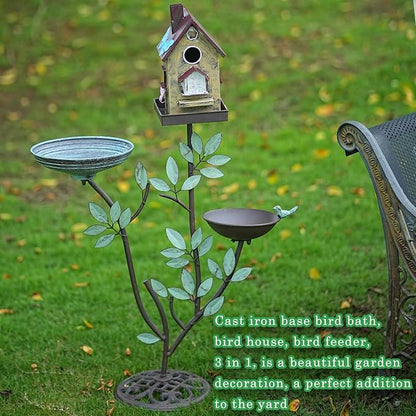HLQMFHT 38" H Cast Iron Pedestal Bird Baths for Outdoors,3 in 1 Metal Bird Bath Bowl with Bird Houses and Bird Feeder,Garden Yard Decor