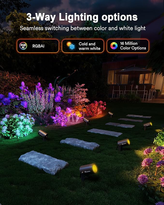 Lumary Smart Landscape Lights Pro 500LM, 6 Pack Color Changing Landscape Spotlights IP65 Waterproof, RGBAICW Low Voltage Outdoor Lights for Garden Yard and Pathway, APP/Remote/Voice Control, 65FT | RGBAICW color changing, 2200K-6500K white, IP65 outdoo...