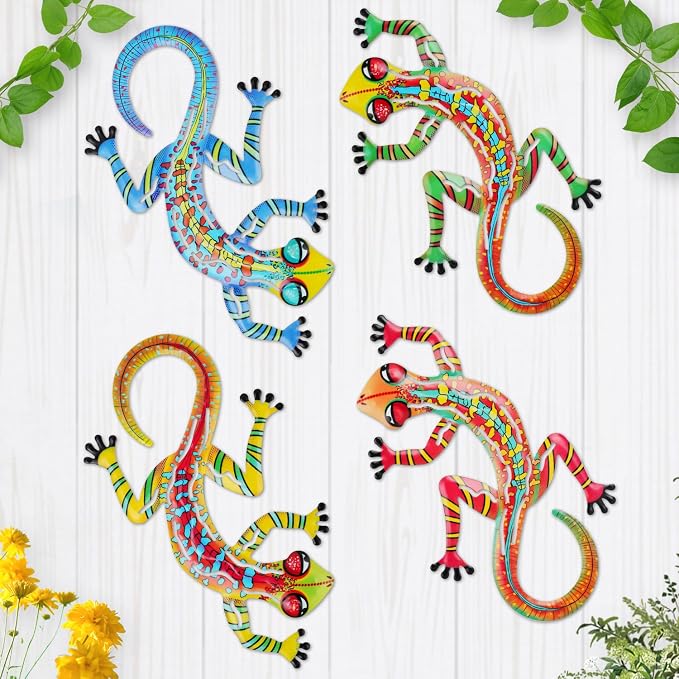 Junware 4 Pcs Metal Gecko Wall Art Outdoor Decor Metal Lizards Wall Decor Lizard 6.9 * 11 Inch Suitable for Hanging in Yard Garden Patio Fence Home, Idea Gifts for Mom Father Friends