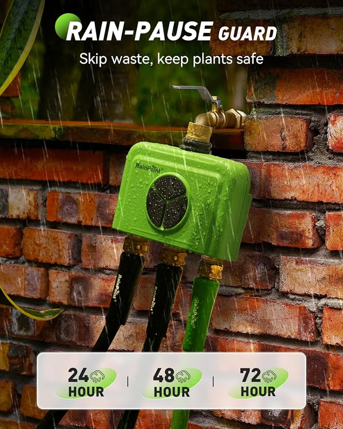 RAINPOINT 3 Zone WiFi Water Timer with Smart Gateway, Brass Inlet/Outlet WiFi Sprinkler Timer, Voice Control, Smart Watering System by Time/Weather/Quantity/Soil Moisture, (Green, 3 Zone)
