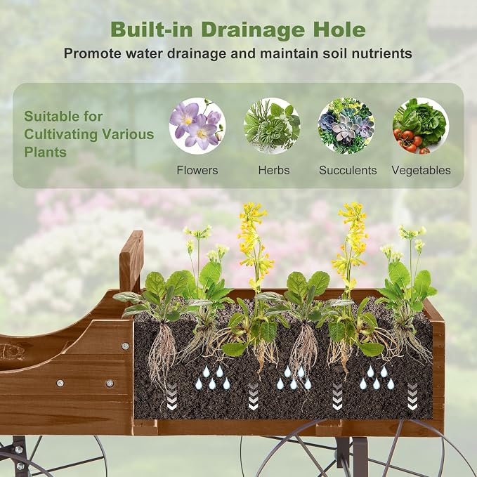 Wooden Wagon Planter, Decorative Flower Pots w/ 2 Planting Sections, Wheels & Handle, Rustic Farmhouse Garden Planter Box for Patio, Yard, Porch (Walnut)