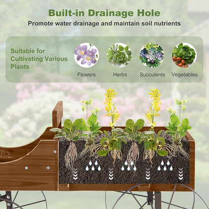 Wooden Wagon Planter, Decorative Flower Pots w/ 2 Planting Sections, Wheels & Handle, Rustic Farmhouse Garden Planter Box for Patio, Yard, Porch (Walnut)