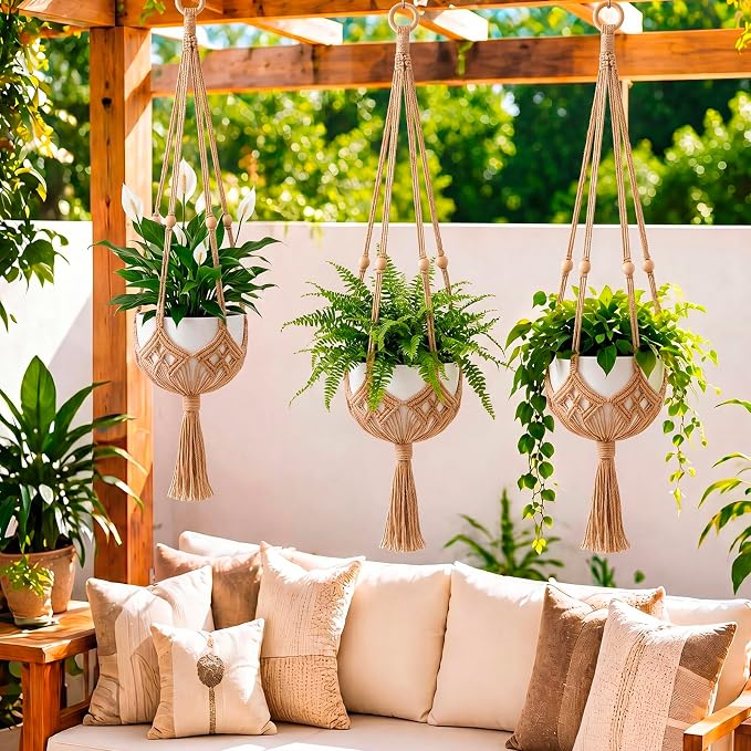 Shappy 2 Pack Boho Macrame Plant Hanger, Large Hanging Planter Plant Holder Pot Hanger Hanging Basket Wall Planters, Plants Lover Gift for Indoor Garden (Wooden Ring and Wooden Beads,Jute Color)