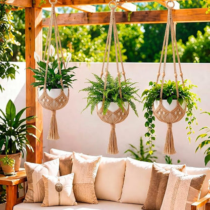 Shappy 2 Pack Boho Macrame Plant Hanger, Large Hanging Planter Plant Holder Pot Hanger Hanging Basket Wall Planters, Plants Lover Gift for Indoor Garden (Wooden Ring and Wooden Beads,Jute Color)