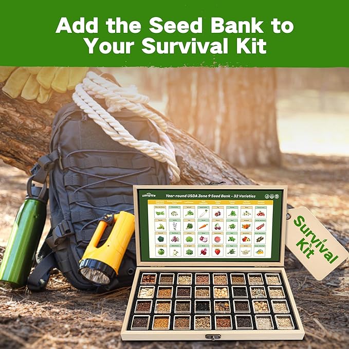 Year-Round Zone 7 Seed Bank, Gift for Mom Dad, 32 Varieties Heirloom Seeds | 30,000+ Non-GMO Vegetable Herb Flower Seeds, Gardening Gifts for Women Men, Survival Seed Kit, Raised Garden Beds Greenhouses