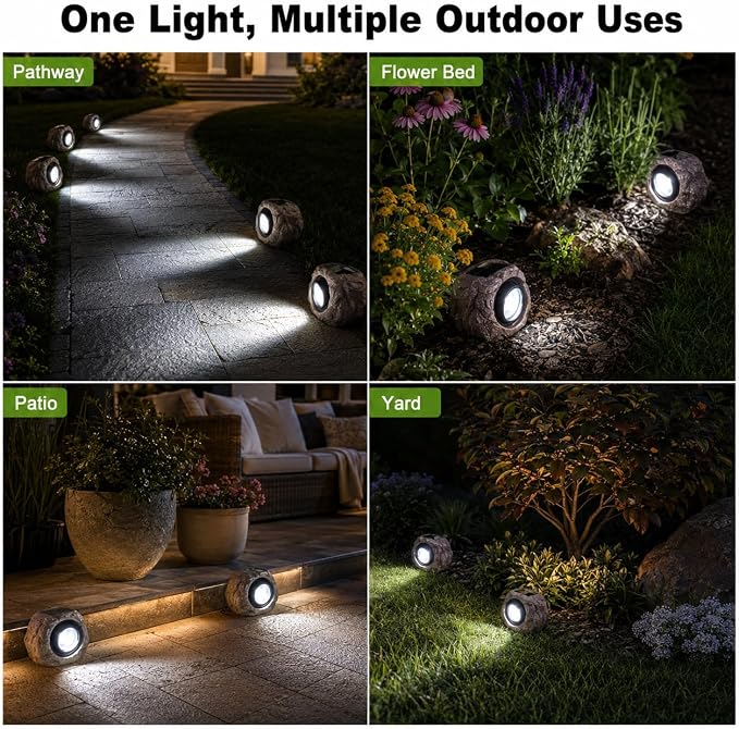 Solar Rock Lights Outdoor – 2 Pack Waterproof LED Landscape Garden Spotlights, Realistic Stone Design, Wireless Solar Powered Pathway Lights for Yard, Walkway, Patio & Lawn Decoration (Auto On/Off)