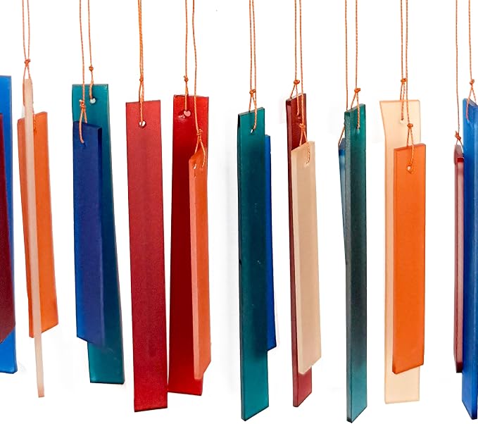 Blue Handworks Rectangle Glass Wind Chime Retro | Colorful Handcrafted Sandblasted Glass Wind Chime with Found Wood