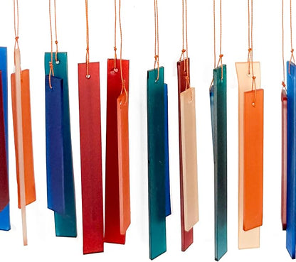 Blue Handworks Rectangle Glass Wind Chime Retro | Colorful Handcrafted Sandblasted Glass Wind Chime with Found Wood