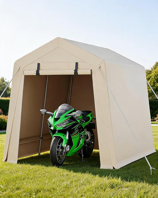 7 x 10 Ft Bike Shed ATV Storage Tent Portable Storage Shed Outdoor Carport Tarp Sheds with Roll-Up Door for Motorcycle, Car, Garden Tools Khaki