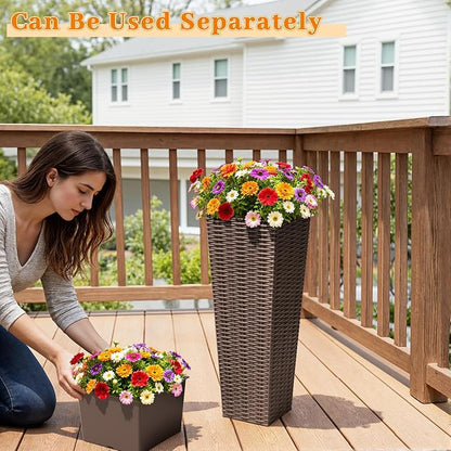 Greesum 23 Inch Tall Plastic Planters (Set of 2), Large Outdoor Flower Pots with Detachable Inner Pot & Drainage Holes for Plants, Trees, Patio, and Garden, Brown