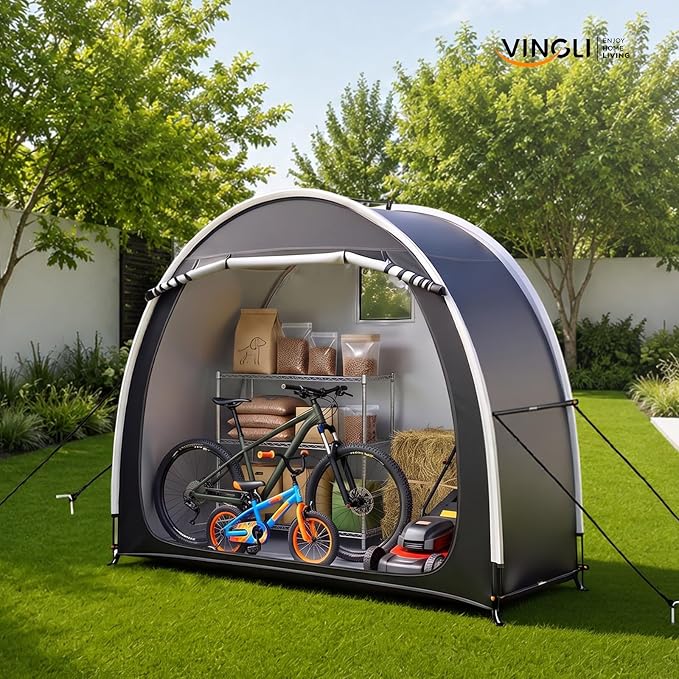 VINGLI Bike Storage Shed Tent for 2-3 Bikes, Outdoor Portable Bicycle Storage Shed with Carry Bag, Waterproof Bike Tent for Motorcycle, Garden Tools, Lawn Mower, Black