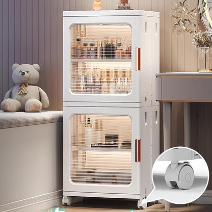 2 Layer Plastic Foldable Bathroom Storage Cabinet with Wheels | Quick Assembly,Magnetic Doors,Adjustable Shelves,Thin Cabinets for Narrow Spaces,Small Space Saver for Laundry Living Room