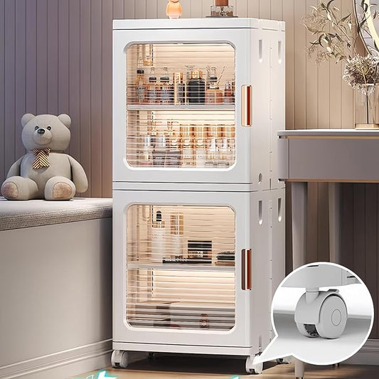 2 Layer Plastic Foldable Bathroom Storage Cabinet with Wheels | Quick Assembly,Magnetic Doors,Adjustable Shelves,Thin Cabinets for Narrow Spaces,Small Space Saver for Laundry Living Room