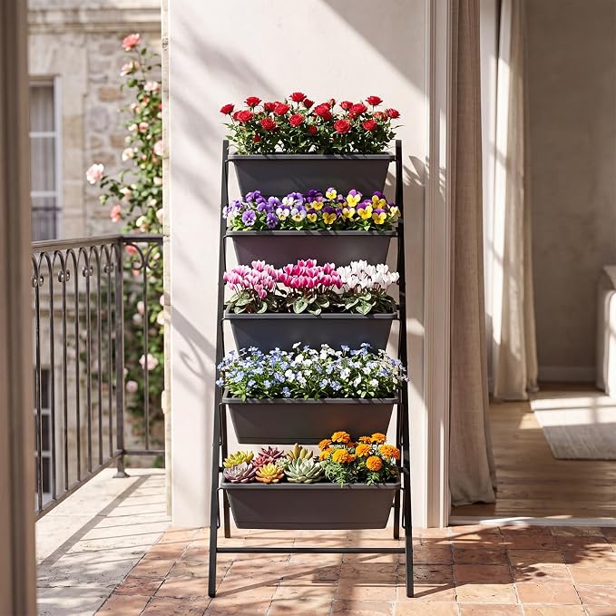 Giantex 5 Tier Vertical Planter Set of 2, Raised Garden Bed with Drainage Holes & Removable Trays, Metal Frame Elevated Planter Boxes for Herbs Vegetables Flowers, Indoor Outdoor Patio Balcony