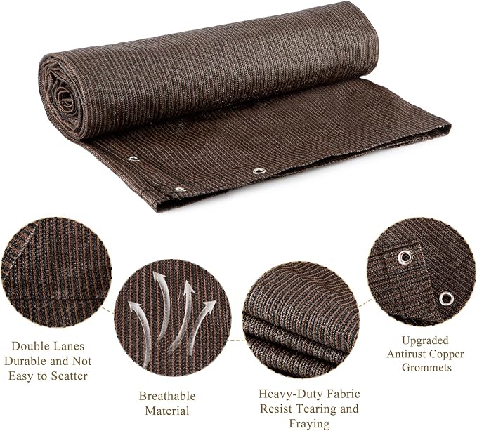 90% Outdoor Sun Shade Cloth, 10’ x 20’, Pergola, Deck, and Backyard Patio Sunshade with UV Protection, Heat Resistant HDPE Material, Reinforced Grommets (10x20 FT,Brown)